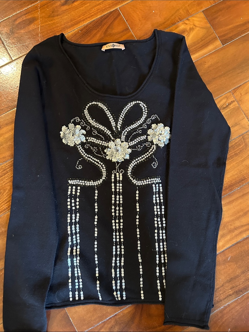 Essondi Black Long-Sleeve Embellished Scoop Neck Top